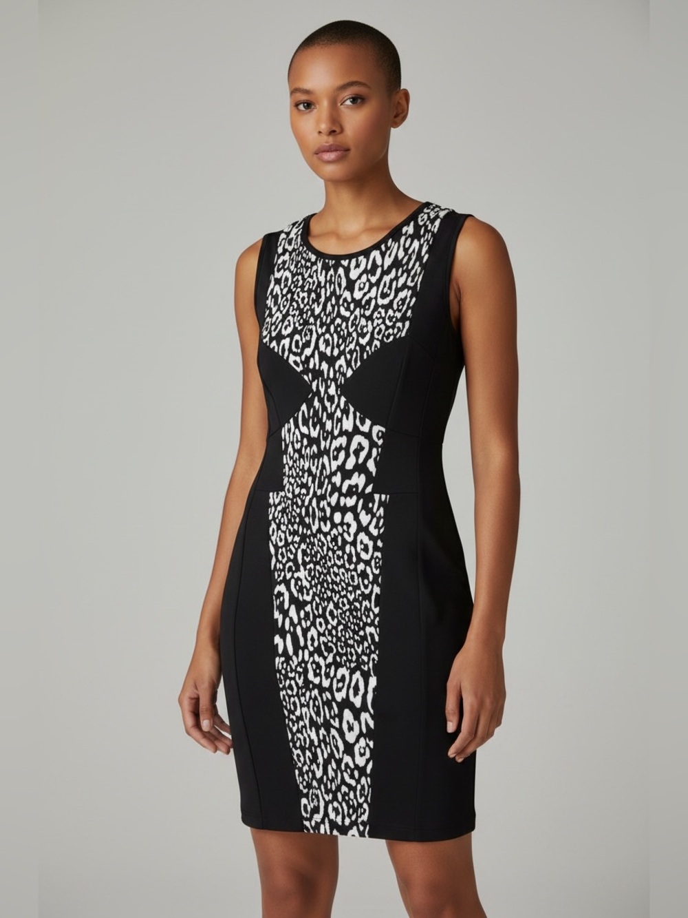 bebe Black and White Leopard Panel Sheath Dress